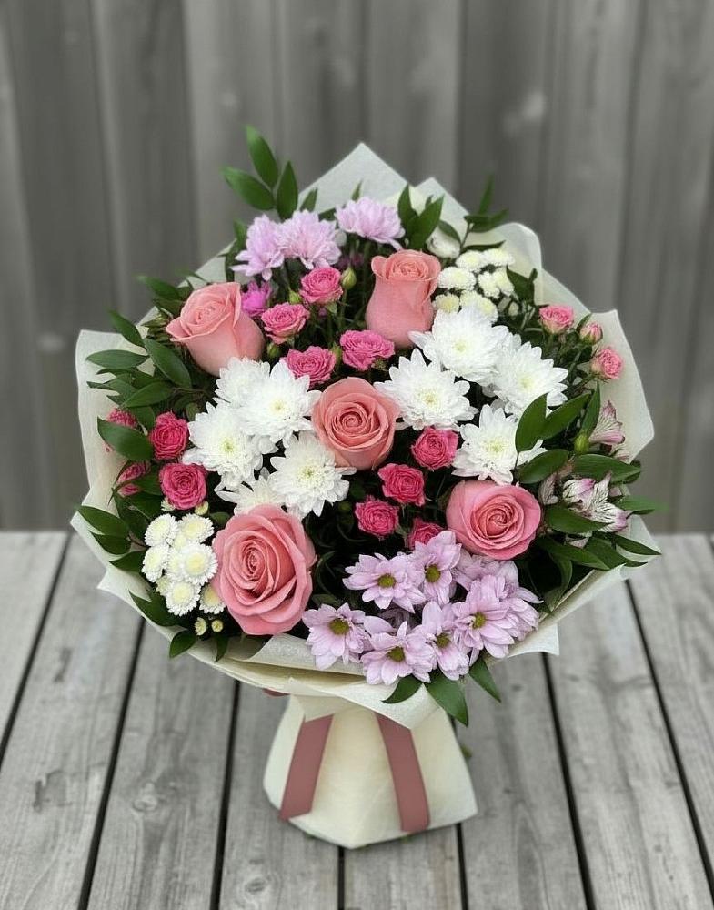 Букет цветов из: Альстромерии, Гвоздики, Розы и Хризантемы в Нижнее Мячково