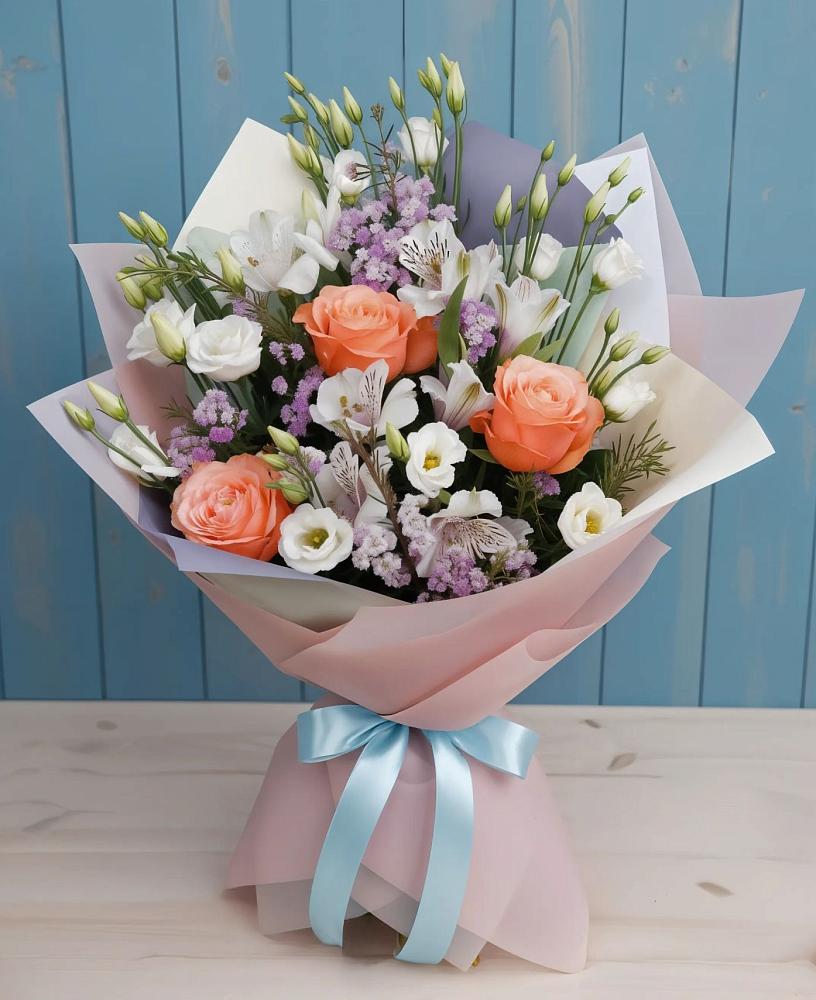 Букет цветов из: Лизиантусы, Розы, Альстромерии и Гипсофила в Нижнее Мячково