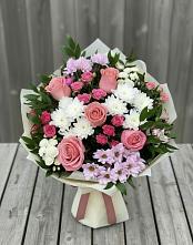Букет цветов из:  Альстромерии, Гвоздики, Розы и Хризантемы в Нижнее Мячково