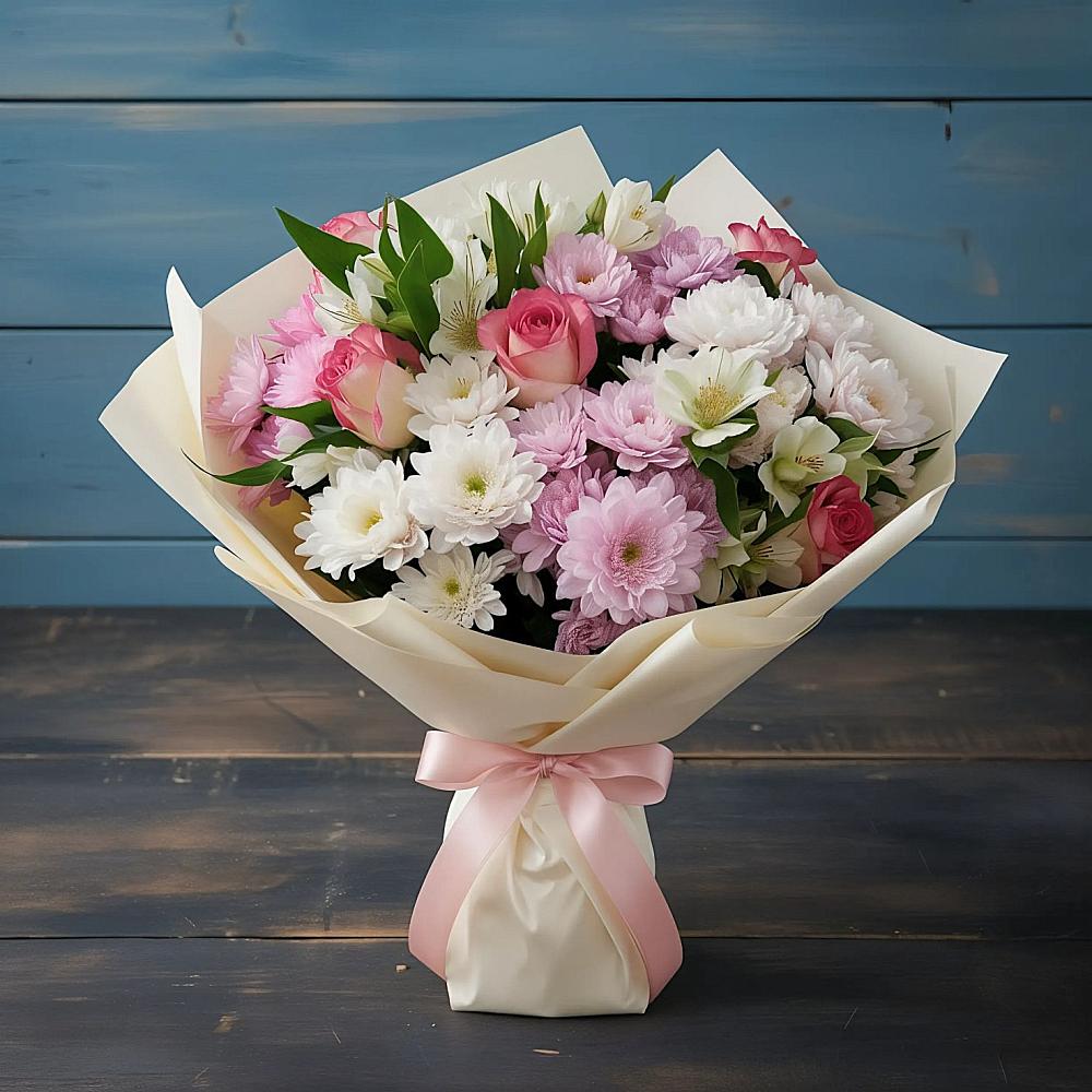 Букет цветов из: Хризантемы, Альстромерии и Розы в Нижнее Мячково